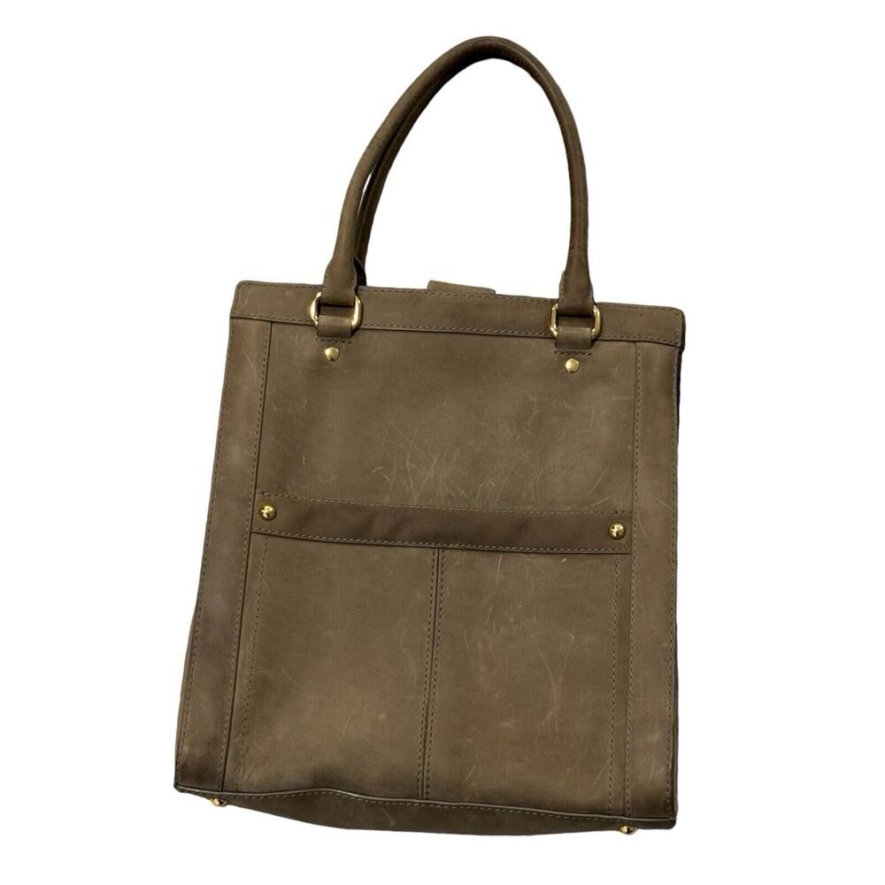 J.Crew Gray Leather Campo Tote Computer Bag With Interior Pockets & Snap Closure